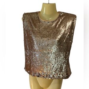 TCEC Cropped Sequin Top Sleeveless Back Zip Shiny Holiday Party Festive Gold Sm